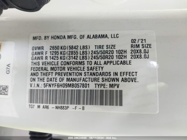 Honda Pilot Awd Elite 2021 5FNYF6H09MB057801 Image 9