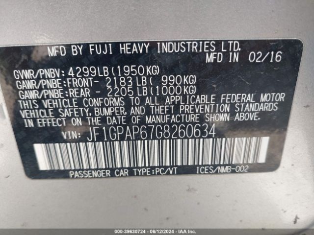 JF1GPAP67G8260634 Subaru Impreza 2.0i Sport Premium