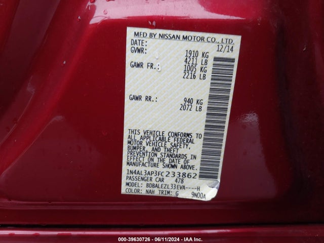 Nissan Altima 2.5 S 2015 1N4AL3AP3FC233862 Image 9