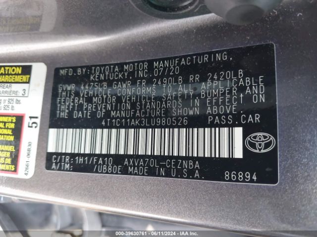 4T1C11AK3LU980526 Toyota CAMRY LE