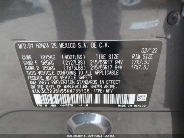 3CZRU5H55NM735726 Honda Hr-v 2wd Ex