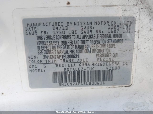 Nissan Versa 1.6 Sv 2014 3N1CN7AP1EL800631 Image 9