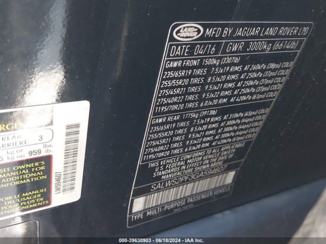 SALWS2PF3GA594607 Land Rover Range Rover Sport 3.0l V6 Supercharged Hse
