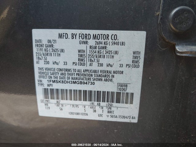 Ford EXPLORER XLT 2021 1FMSK8DH3MGB94730 Image 9