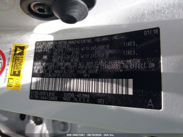 5TDKZRFH5JS535212 Toyota Highlander Xle