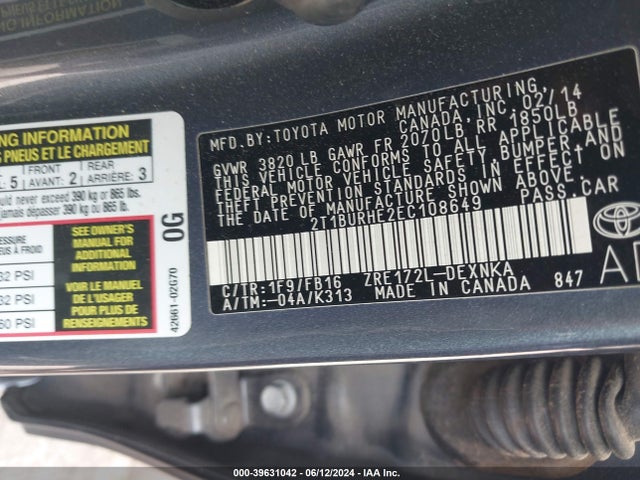 Toyota COROLLA LE 2014 2T1BURHE2EC108649 Image 9