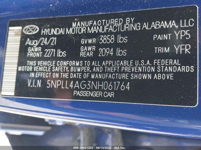 5NPLL4AG3NH061764 Hyundai ELANTRA SE
