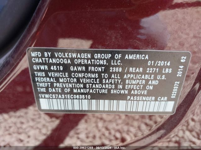 1VWCS7A31EC063510 Volkswagen Passat 1.8t Sel Premium