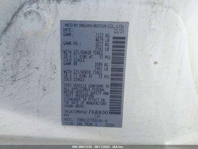 Nissan Rogue Sl 2016 5N1AT2MVXGC768800 Image 9