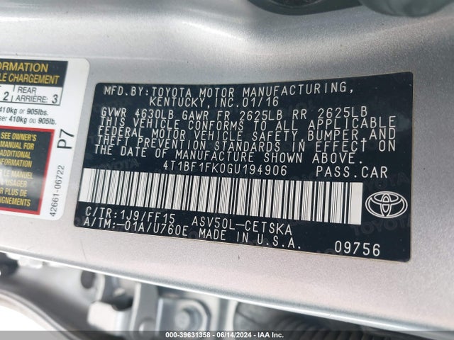Toyota CAMRY SE 2016 4T1BF1FK0GU194906 Image 9