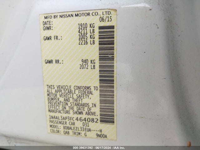 Nissan Altima 2.5 S 2015 1N4AL3AP3FC464082 Image 9