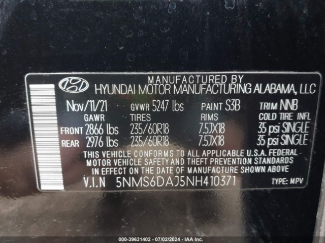 5NMS6DAJ5NH410371 Hyundai Santa Fe Xrt