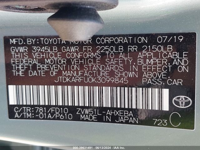 JTDKARFU0K3099845 Toyota Prius Le