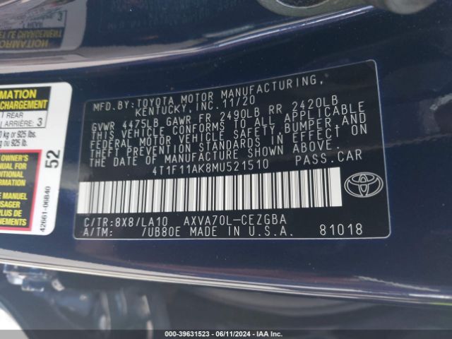 4T1F11AK8MU521510 Toyota CAMRY XLE