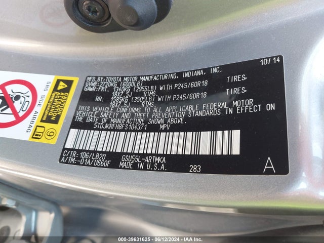 Toyota Highlander Xle V6 2015 5TDJKRFH8FS104371 Image 9