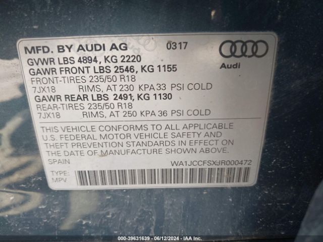 WA1JCCFSXJR000472 Audi Q3 2.0t Premium/2.0t Sport Premium