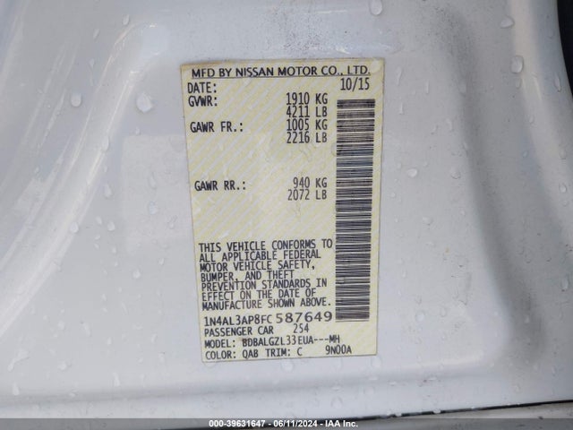 Nissan Altima 2.5 S 2015 1N4AL3AP8FC587649 Image 9