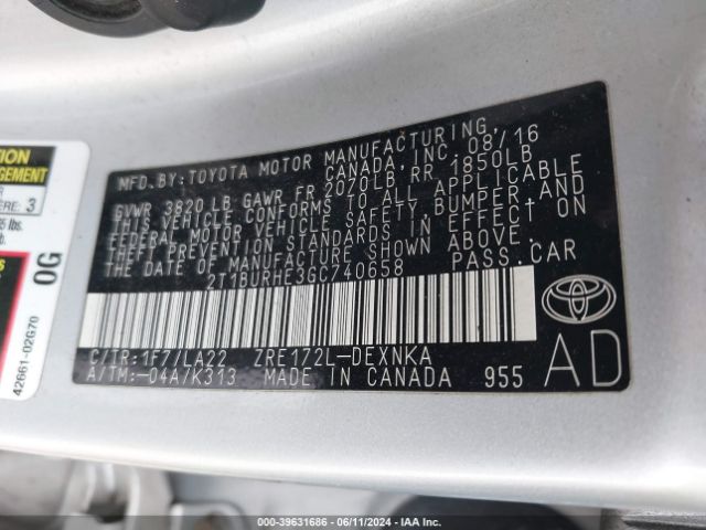 2T1BURHE3GC740658 Toyota Corolla Le Premium