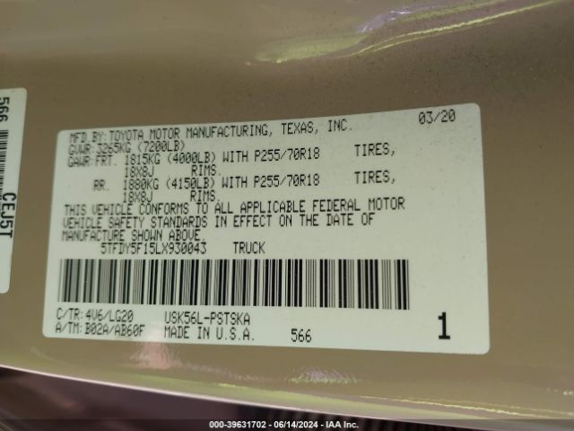5TFDY5F15LX930043 Toyota Tundra Sr5