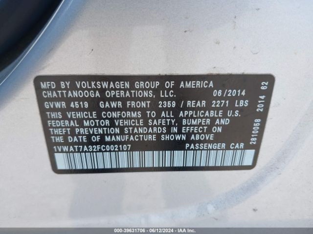 1VWAT7A32FC002107 Volkswagen Passat 1.8t S