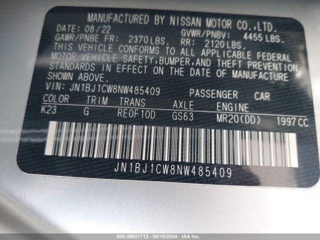 JN1BJ1CW8NW485409 Nissan Rogue Sport Sl Awd Xtronic Cvt