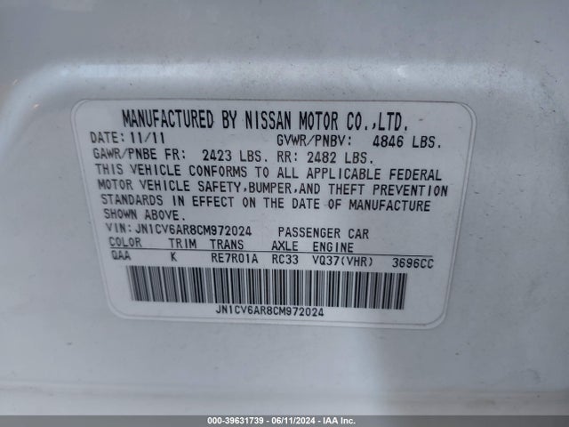 Aukcja sprzedaży 2012 Infiniti G37x, vin: JN1CV6AR8CM972024, numer aukcji: 39631739