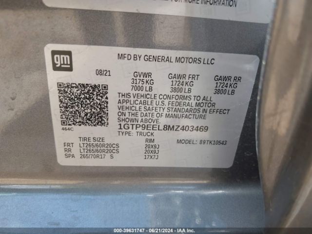 1GTP9EEL8MZ403469 GMC Sierra 1500 4wd  Short Box At4