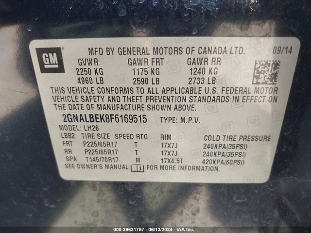 Chevrolet EQUINOX 1LT 2015 2GNALBEK8F6169515 Image 9