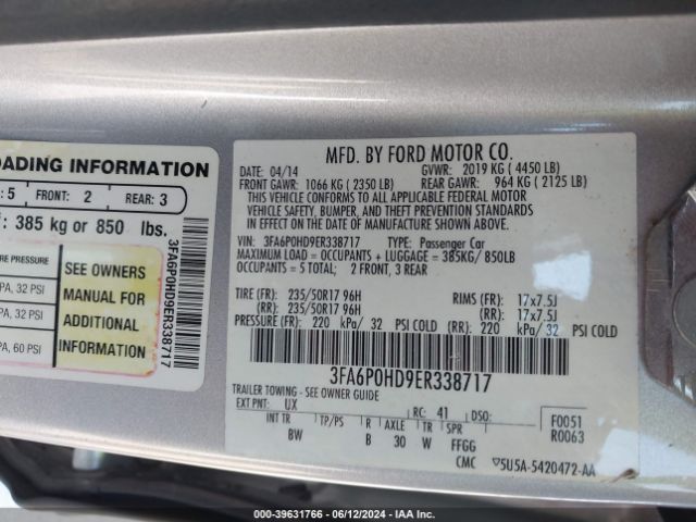 3FA6P0HD9ER338717 Ford FUSION SE