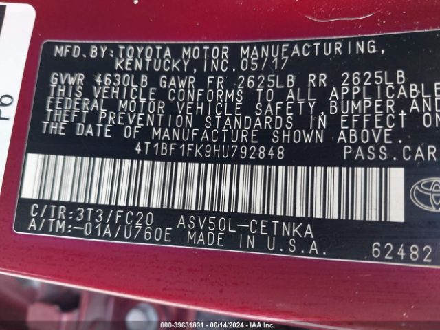 4T1BF1FK9HU792848 Toyota CAMRY LE
