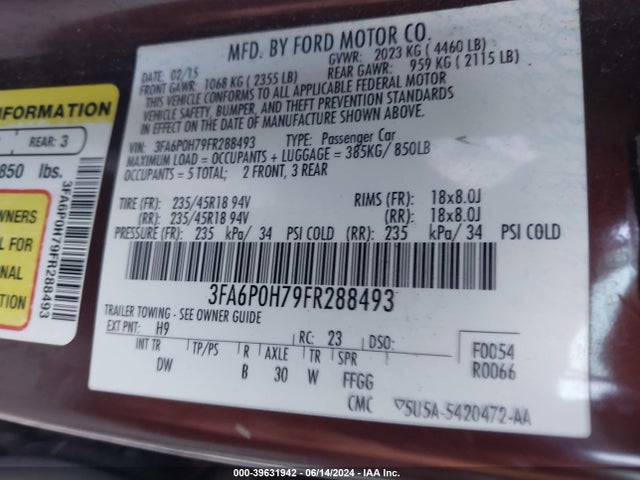 Ford FUSION SE 2015 3FA6P0H79FR288493 Image 9