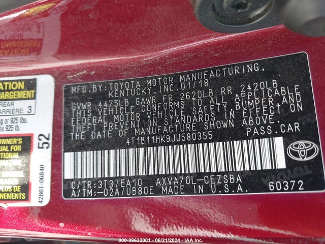 Toyota CAMRY SE 2018 4T1B11HK9JU580355 Image 9
