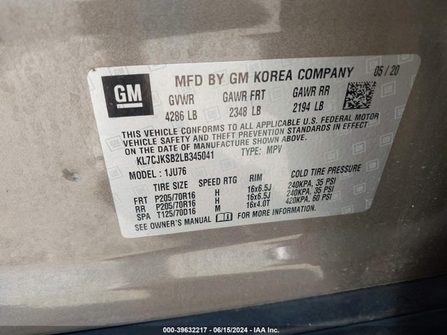 Chevrolet Trax Fwd Ls 2020 KL7CJKSB2LB345041 Image 9