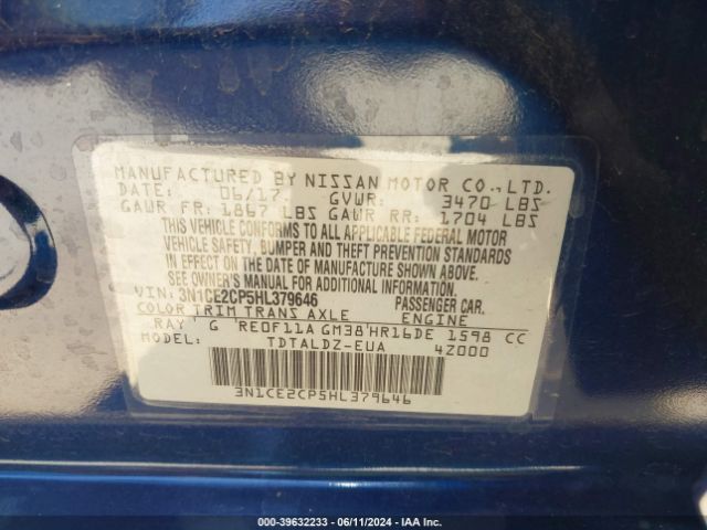 3N1CE2CP5HL379646 Nissan Versa Note Sv
