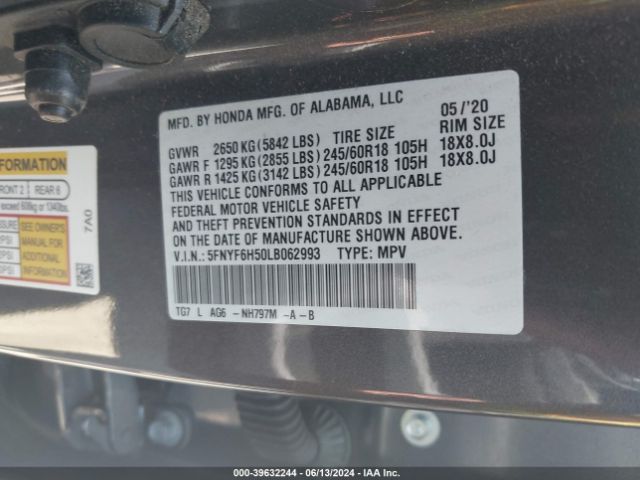 5FNYF6H50LB062993 Honda Pilot Awd Ex-l