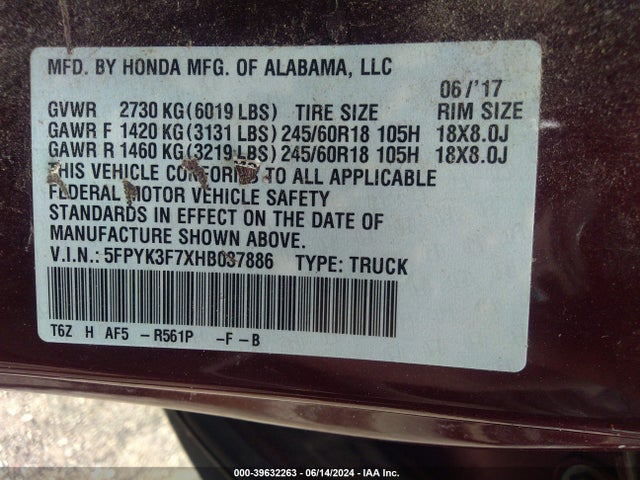 Honda Ridgeline Rtl-e 2017 5FPYK3F7XHB037886 Image 9