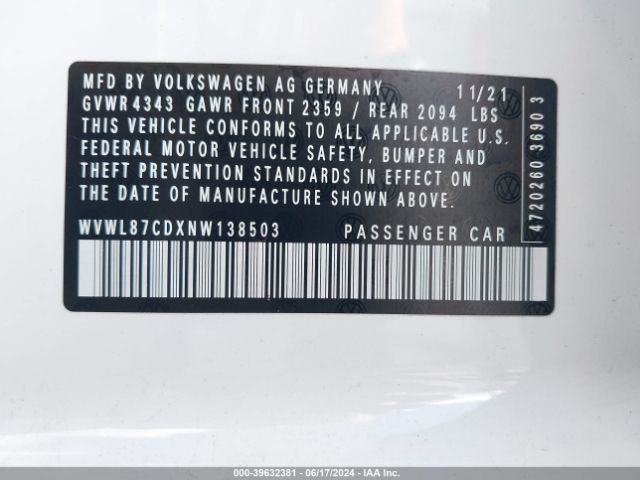 2022 VOLKSWAGEN GOLF GTI WVWL87CDXNW138503 Photo 8