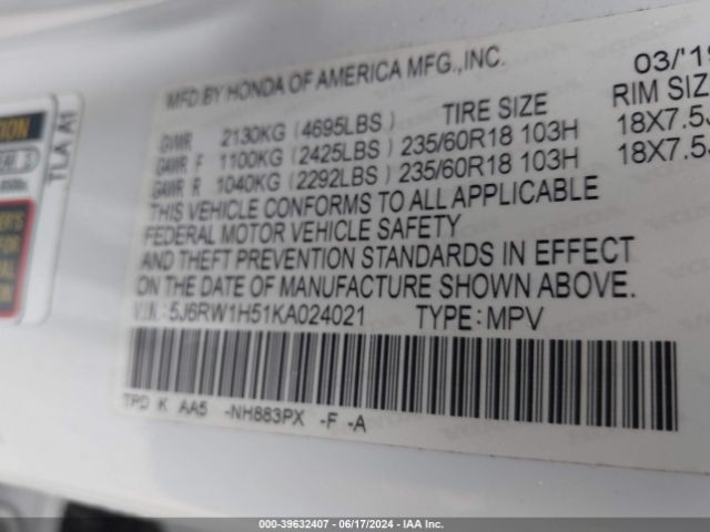 5J6RW1H51KA024021 Honda CR-V EX