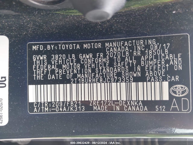 Toyota COROLLA LE 2018 2T1BURHE8JC973359 Image 9