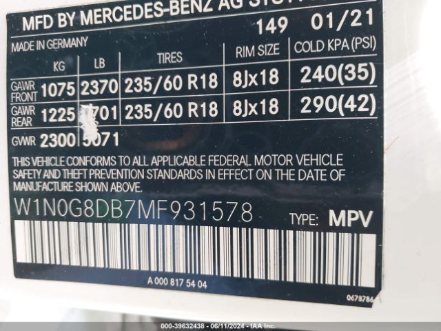 W1N0G8DB7MF931578 Mercedes-Benz Glc 300 Suv