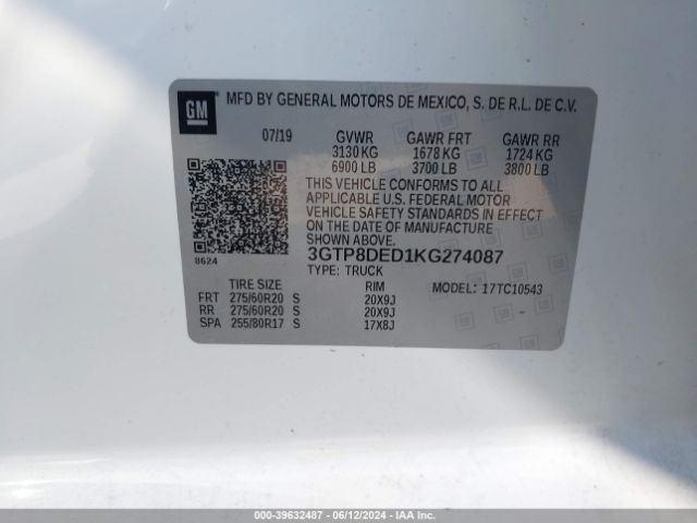 3GTP8DED1KG274087 GMC Sierra 1500 Slt