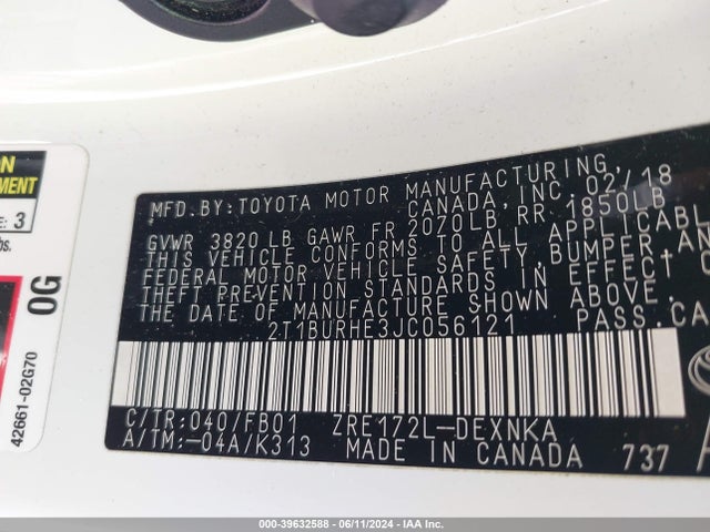 Toyota COROLLA LE 2018 2T1BURHE3JC056121 Image 9