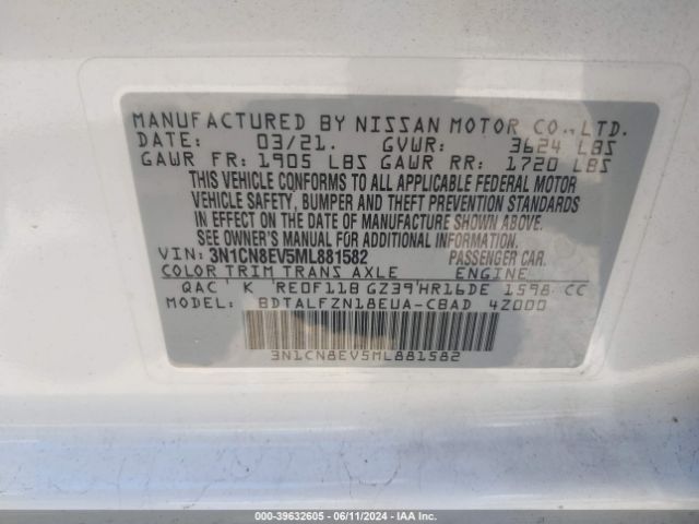 3N1CN8EV5ML881582 Nissan Versa Sv Xtronic Cvt