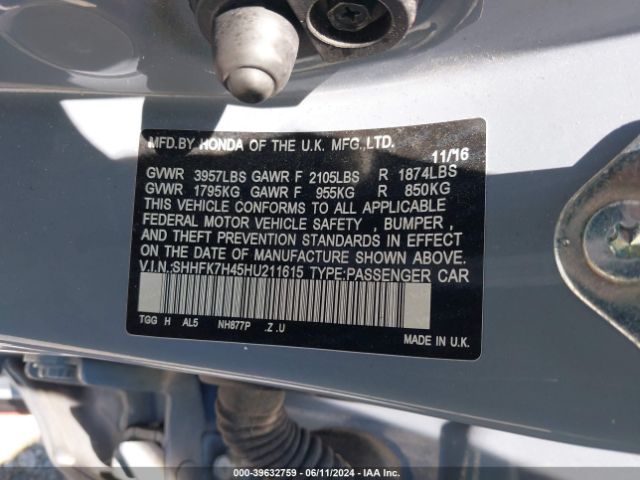 SHHFK7H45HU211615 Honda Civic Sport