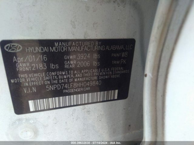 5NPD74LF8HH049840 Hyundai ELANTRA SE