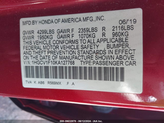 1HGCV1F10KA127768 Honda ACCORD LX