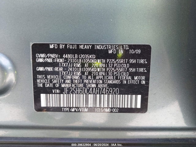 Продажа на аукционе авто 2010 Subaru Forester 2.5x Limited, vin: JF2SH6DC4AH746920, номер лота: 39632904