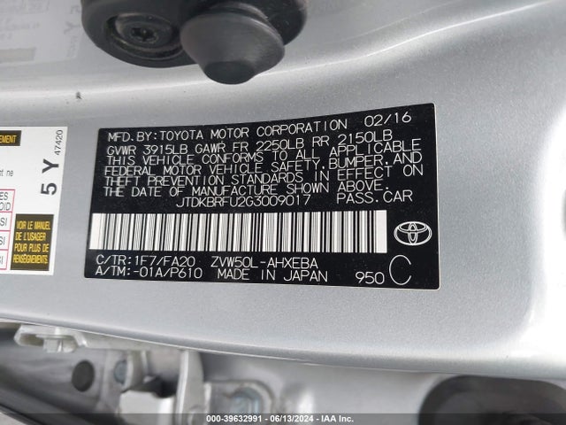 Toyota Prius Two 2016 JTDKBRFU2G3009017 Image 9