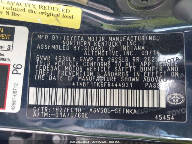 4T4BF1FK6FR444931 Toyota CAMRY LE