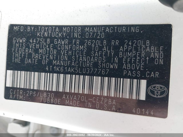 Toyota CAMRY XSE 2020 4T1K61AK5LU377767 Image 9